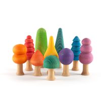 juguetes de madera, juego desestructurado, colores arcoiris, piezas sueltas, bosque de madera, árboles de madera, árboles de juguete