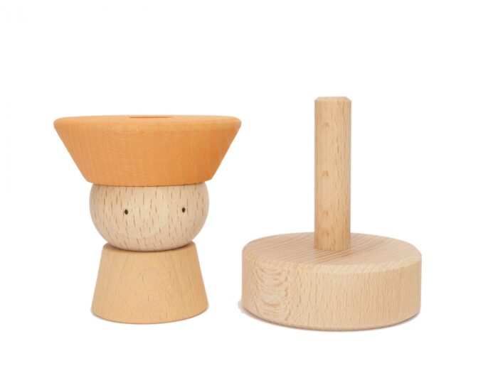 juguetes de madera, apilable de madera, insertable, naranja, peana con 3 piezas encajables